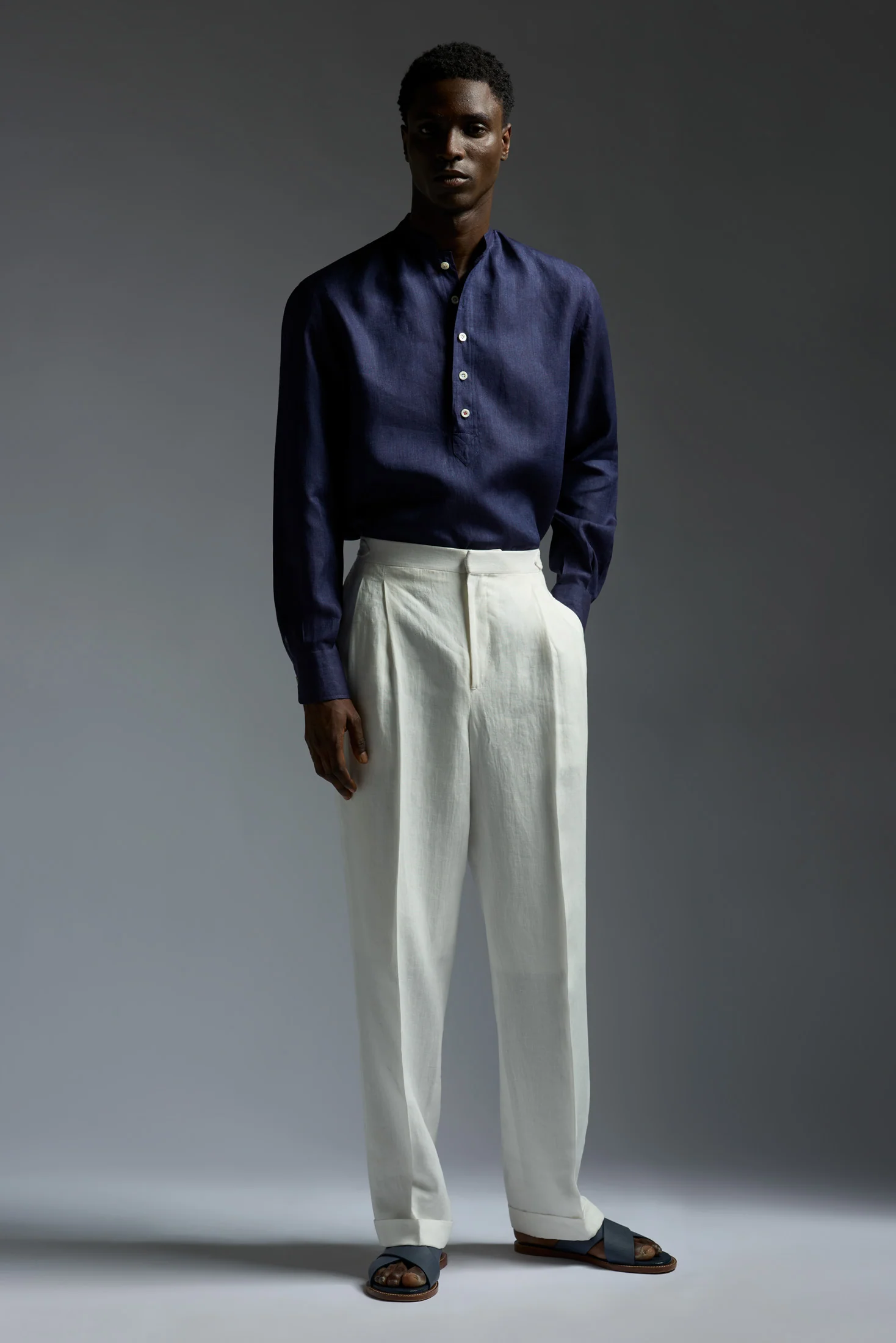 Linen Band Collar Long Sleeves Safari Shirt - Image 2